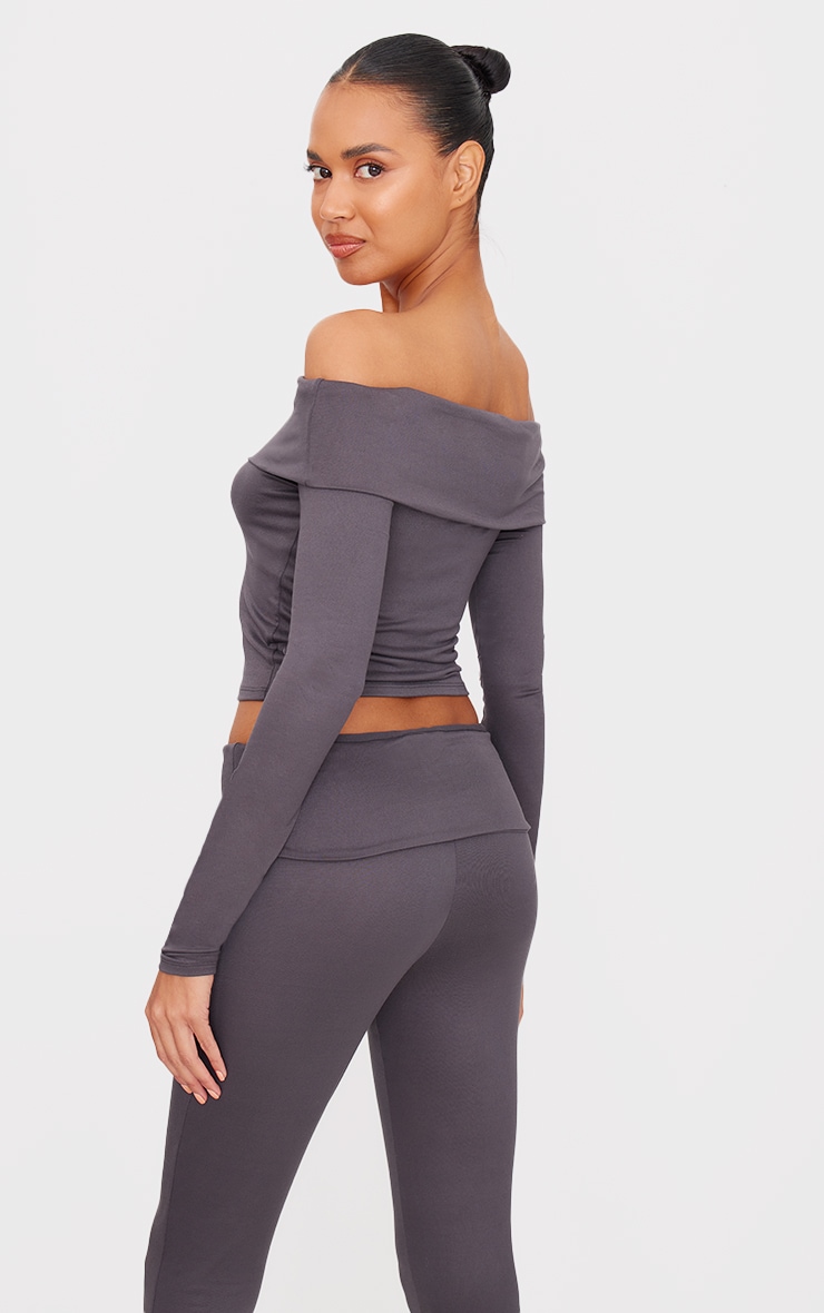 Charcoal Grey Soft Touch Fold Over Bardot Long Sleeve Long Top image 2