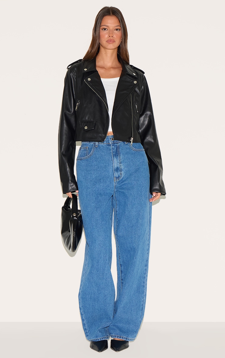 Black Basic Faux Leather Pocket Detail Biker Jacket image 3
