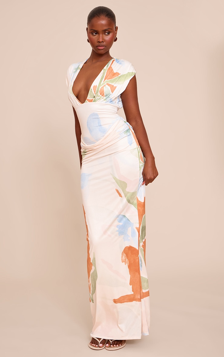 Cream Printed Double Layer Plunge Ruched Shoulder Drape Waist Maxi Dress image 3