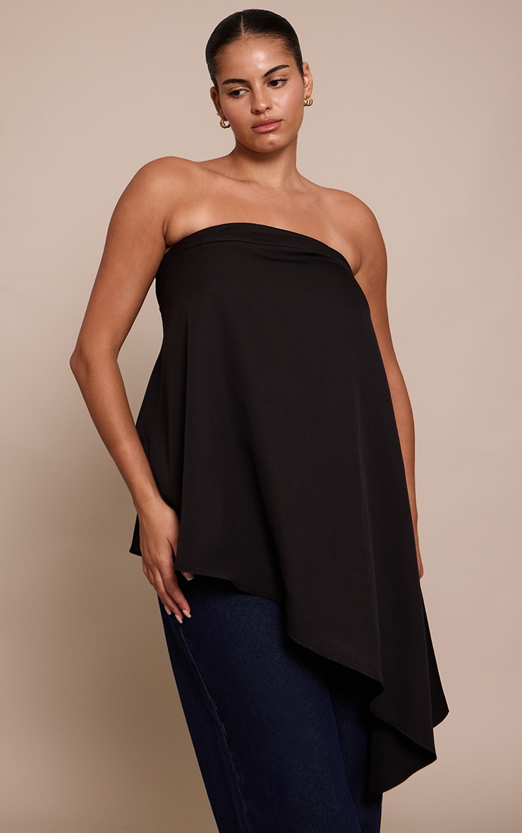 Plus Black Woven Bandeau Asymmetric Hem Floaty Long Top image 1