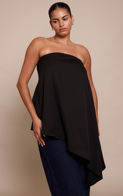 Plus Black Woven Bandeau Asymmetric Hem Floaty Long Top