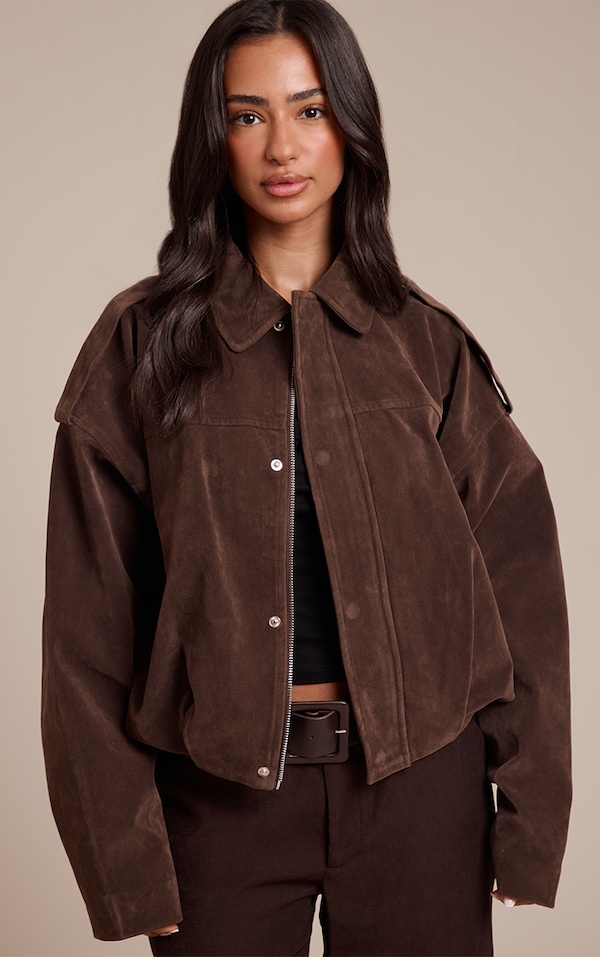 Petite Brown Faux Suede Oversized Zip Up Jacket