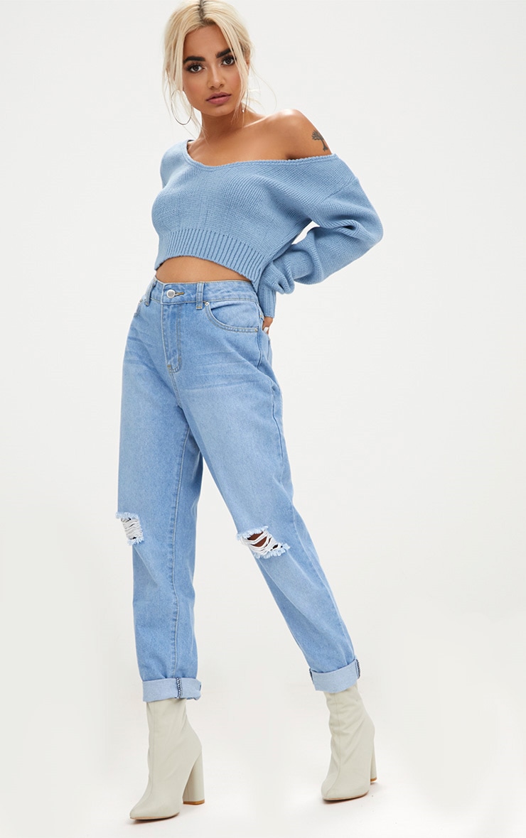 Dusty Blue V Neck Off Shoulder Knitted Cropped Sweater image 4