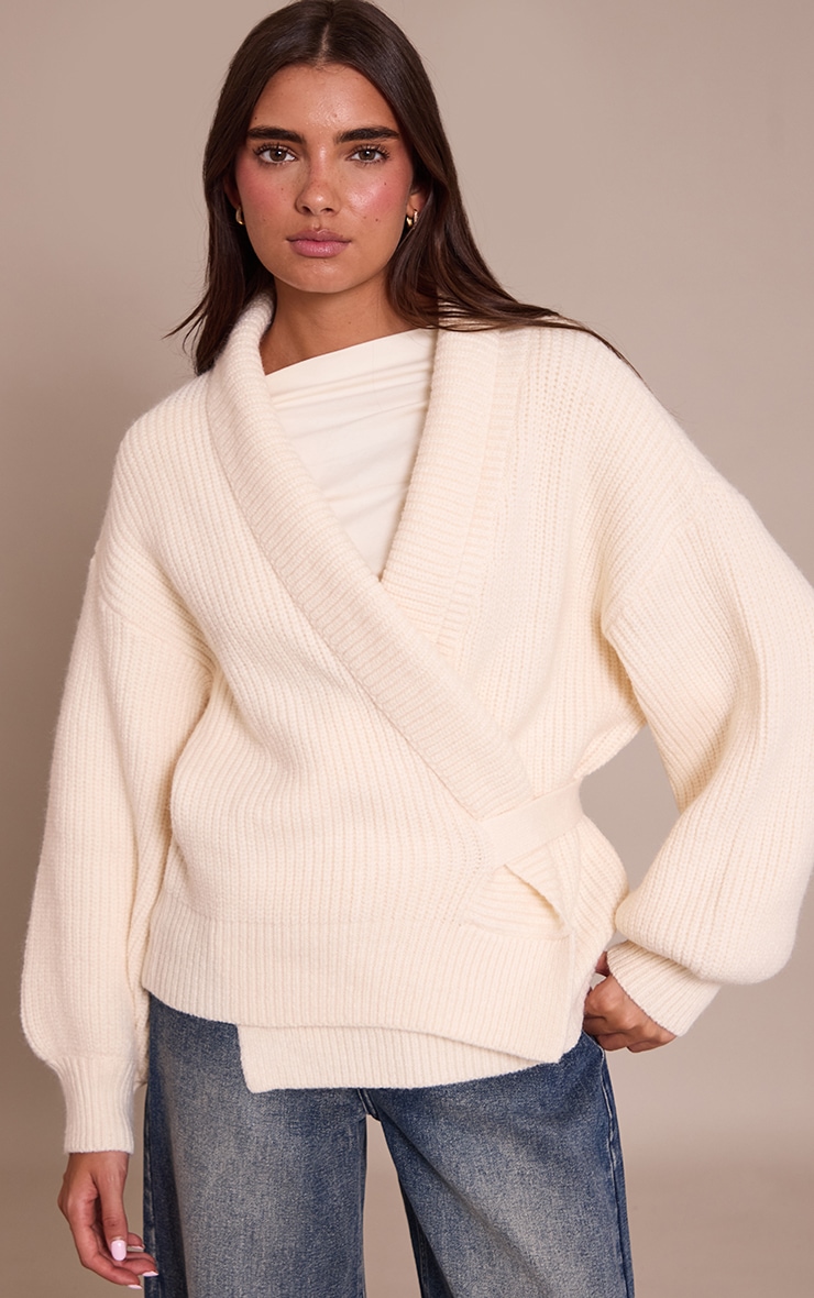 Cream Chunky Knit Rib Wrap Cardigan image 1