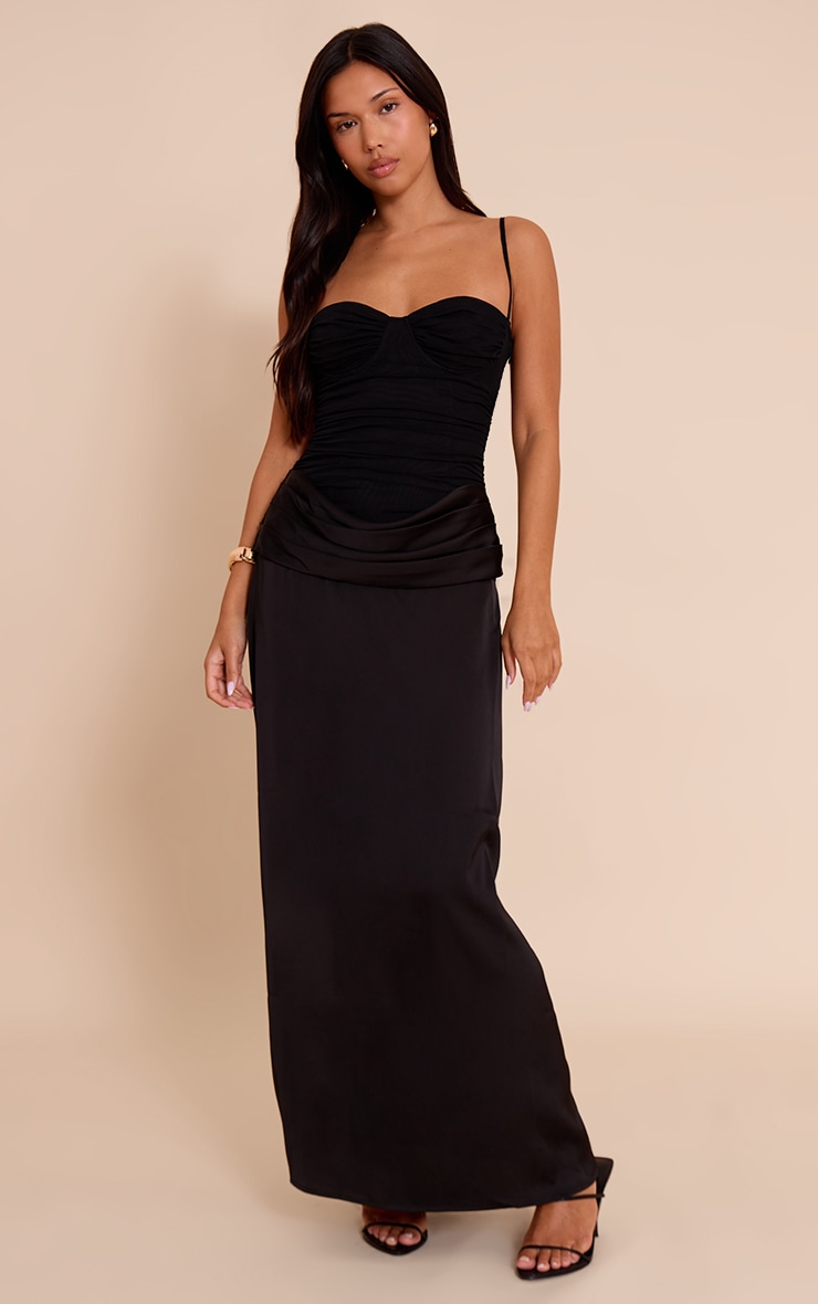 Black Chiffon Dropped Waist Ruched Detail Maxi Dress image 1