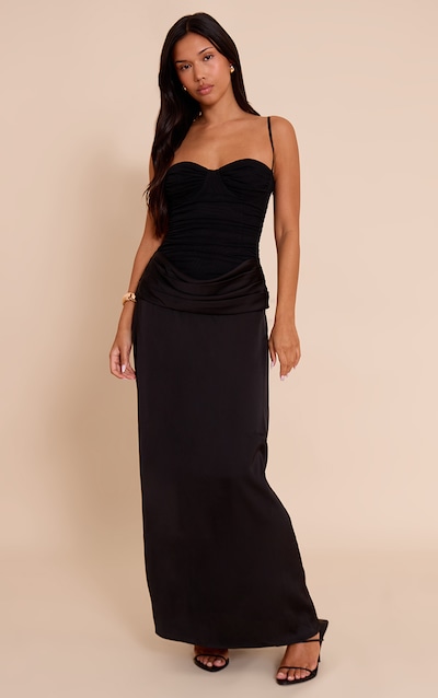 Black Chiffon Dropped Waist Ruched Detail Maxi Dress