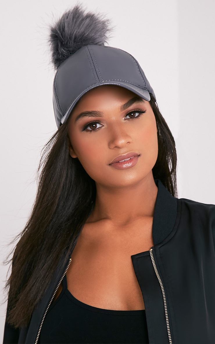 Grey Matte Pu Pom Pom Baseball Cap Caps PrettyLittleThing IE