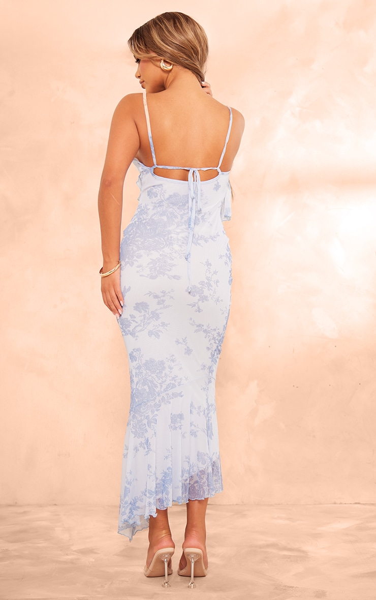 Blue Floral Mesh Frill Cowl Back Midaxi Dress | Dresses