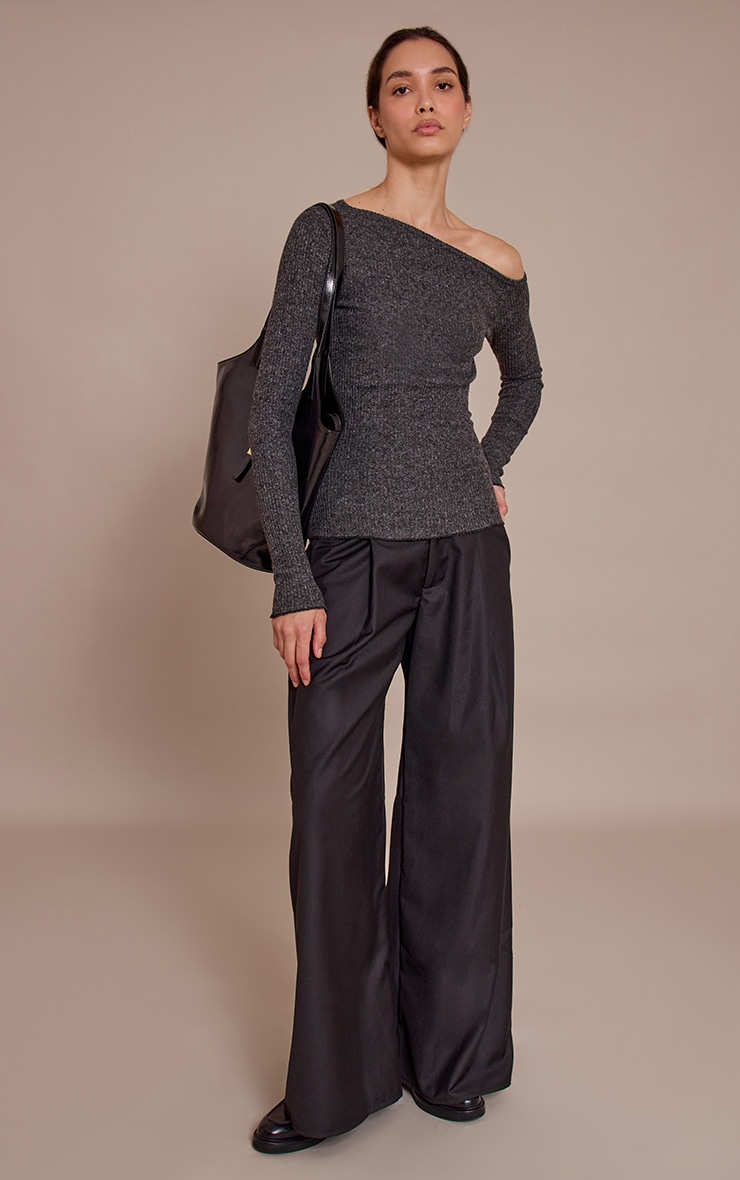 Charcoal Marl Soft Brushed Rib Asymmetric Long Sleeve Top  image 3