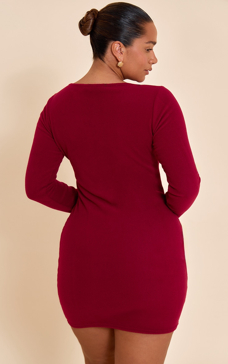 Shape Burgundy Micro Rib Long Sleeve Boat Neck Mini Dress image 2