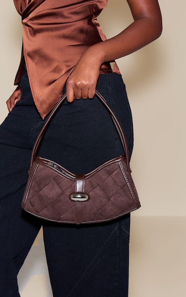 Chocolate Faux Suede Weave Buckle Shoulder Bag
