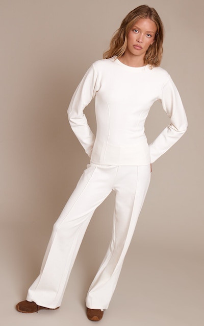 Cream Interlock Pintuck Straight Leg Sweatpants
