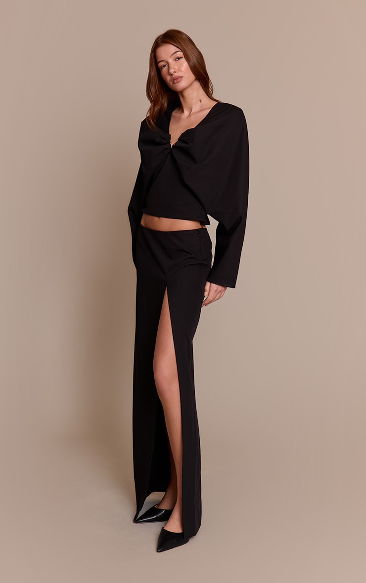 Black Woven Ruched Plunge Long Sleeve Long Top image 3