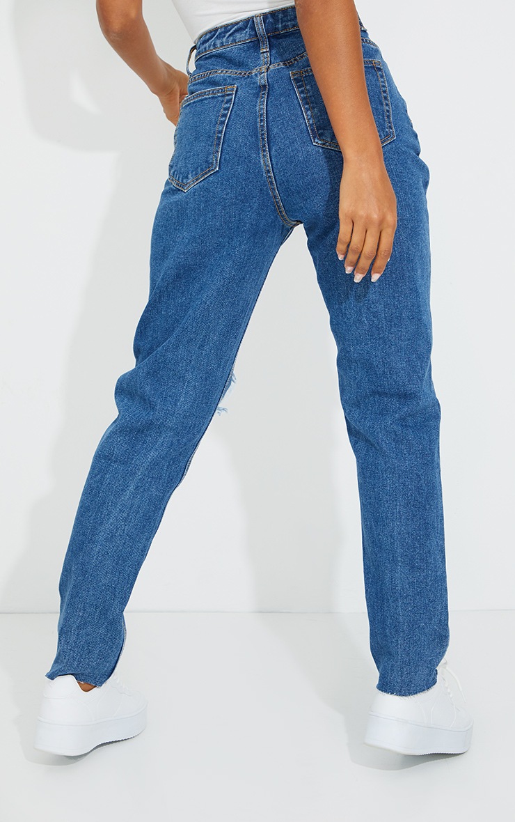 PRETTYLITTLETHING Mid Blue Wash Extreme Ripped Slim Fit Mom Jeans image 3