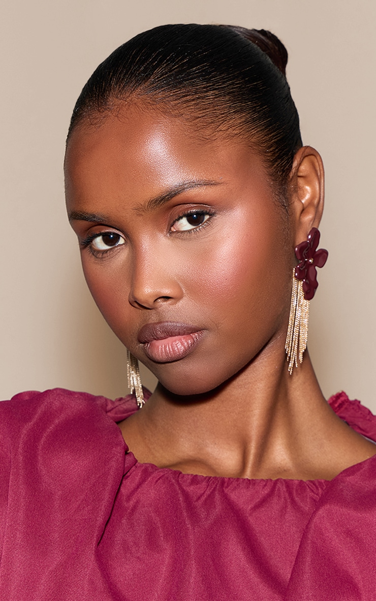Burgundy Flower Gold Chain Drape Earrings
