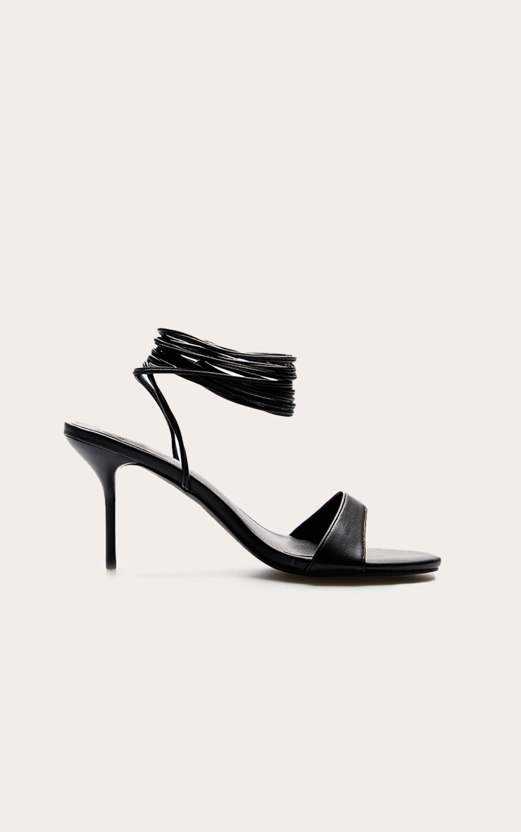 Black Pu Round Toe Lace Up High Stiletto Heeled Sandals image 2