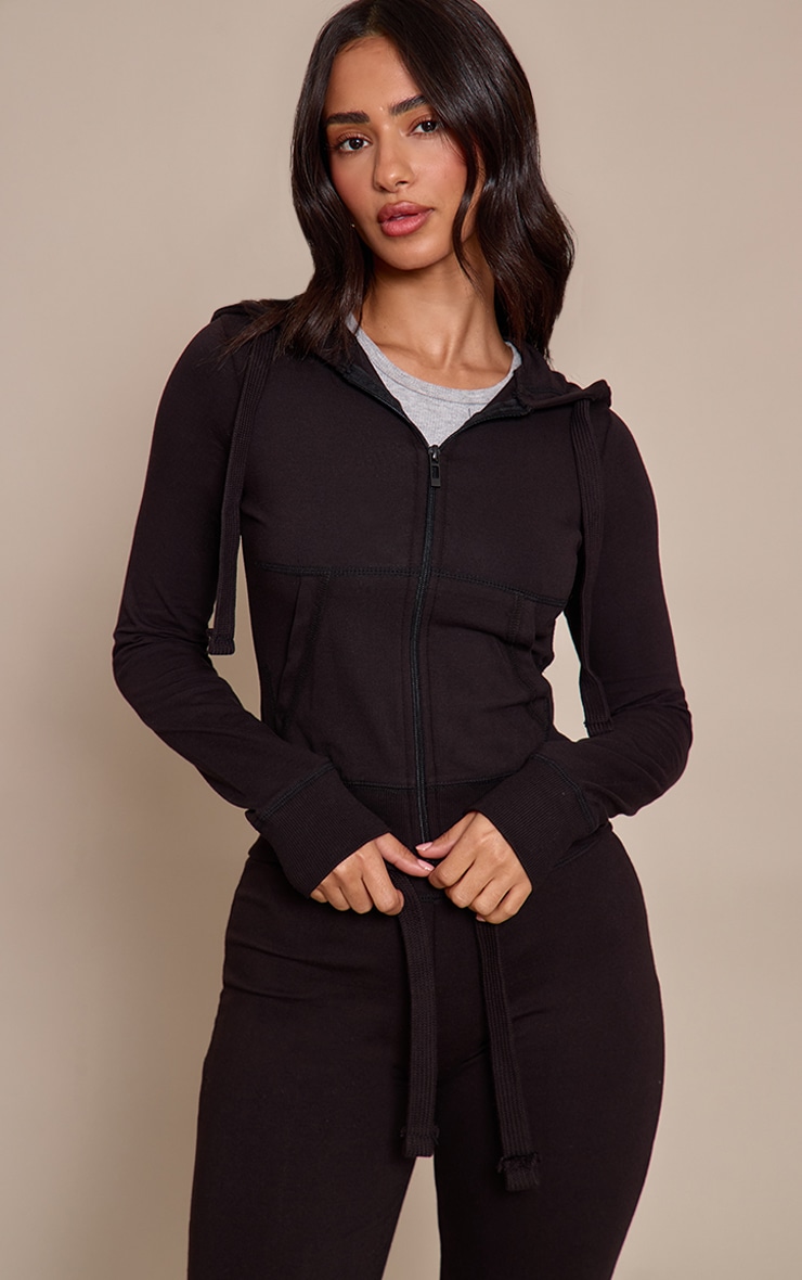 Petite Black Zip Up Fitted Track Top