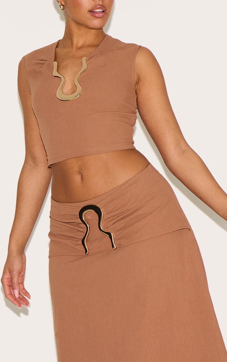 Shape Crop top en effet lin café au lait à empiècement doré en vagues image 4