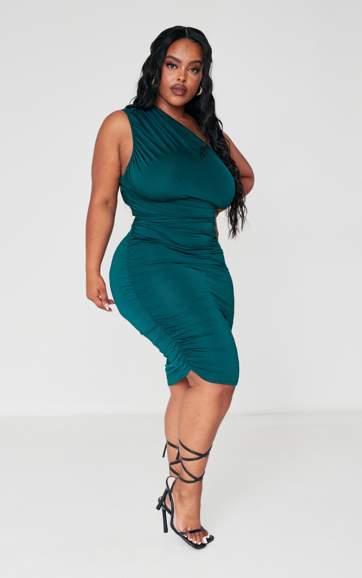 Plus Emerald Green Slinky Ruched One Shoulder Bodycon Dress image 3