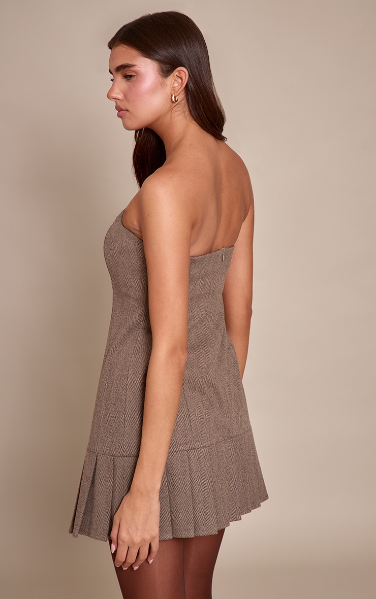 Chocolate Wool Look Bandeau Pleated Skirt Mini Dress image 2