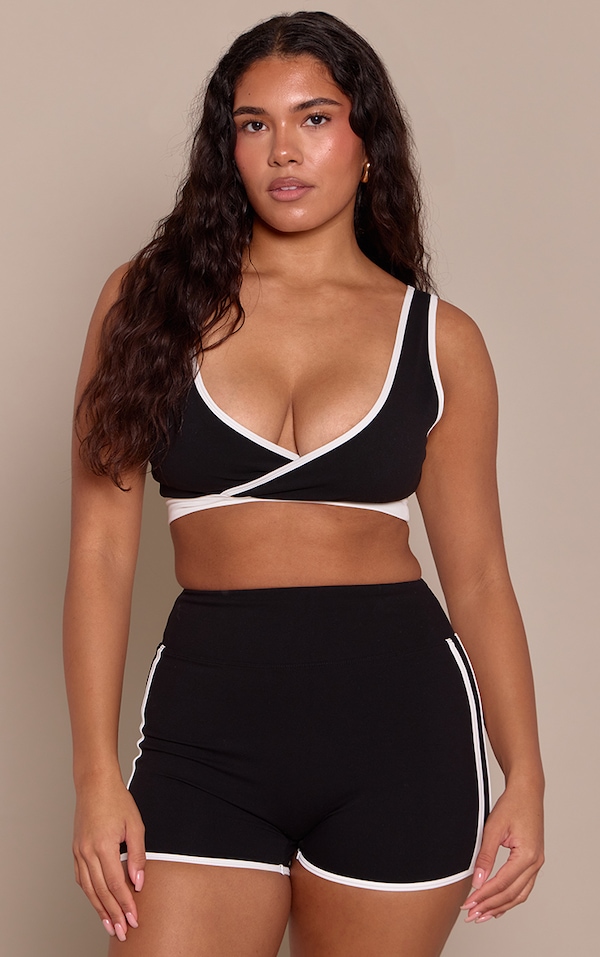 Shape Black Built In Bra Sculpt Contrast V-Neck Sports Bra