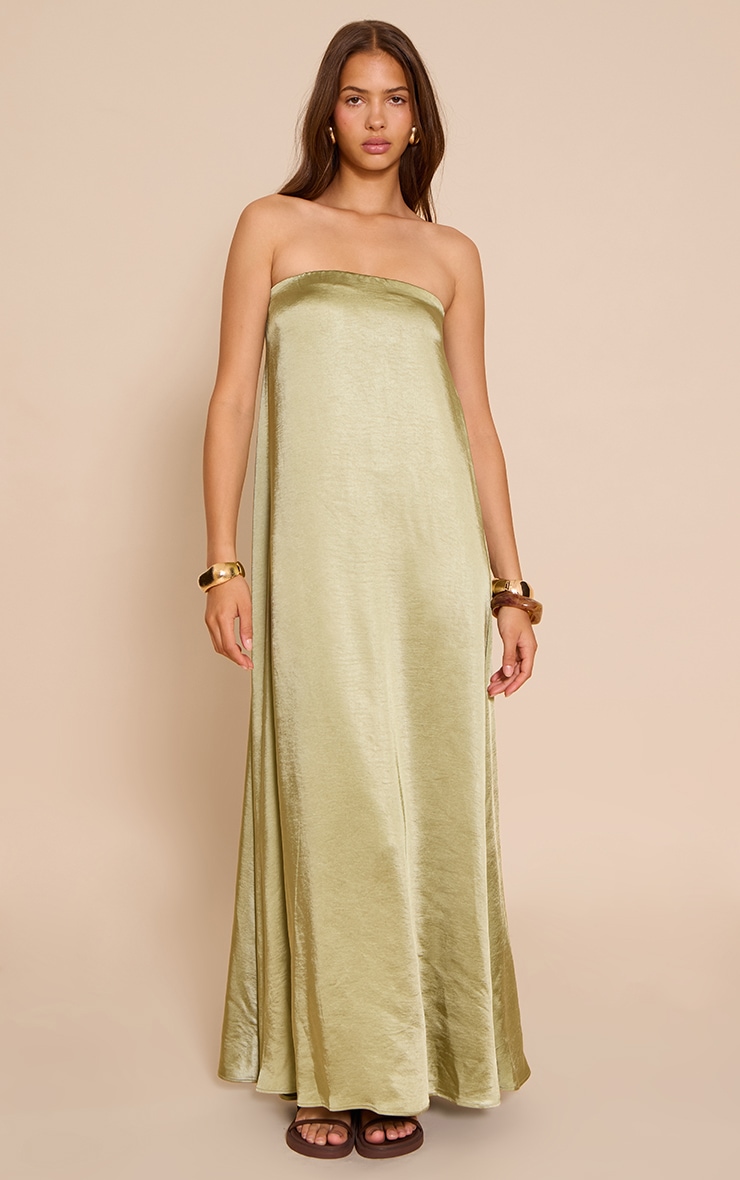 Green Textured Satin Bandeau Column Dress image 4