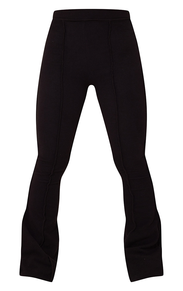 Black Rib High Waist Seam Detail Flared Trousers image 5