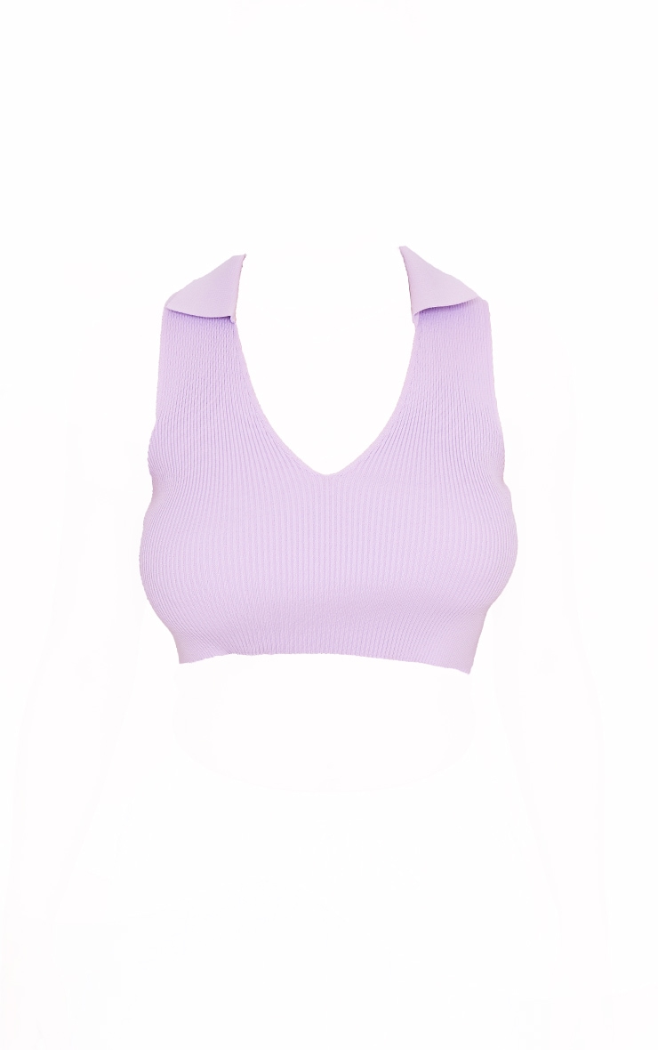 Lilac Ribbed Knitted Sleeveless Polo Top image 5