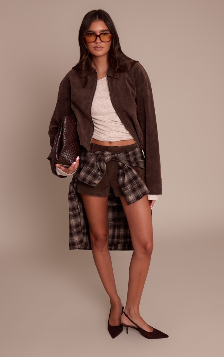 Dark Brown Suede Zip Up Pleated Cropped Jacket