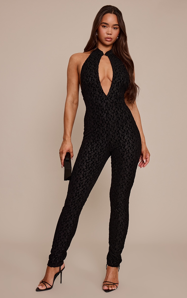 Combinaison moulante en velours style dentelle noir à découpe goutte d'eau image 3