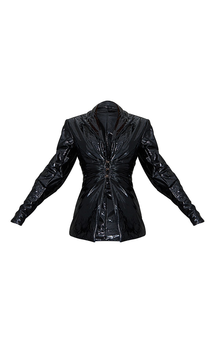 Black Vinyl Plunge Shoulder Padded Blazer image 5