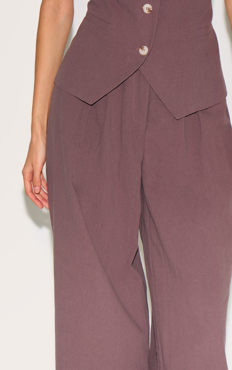 Dark Brown Linen Look Wide Leg Pleated Pants image 4
