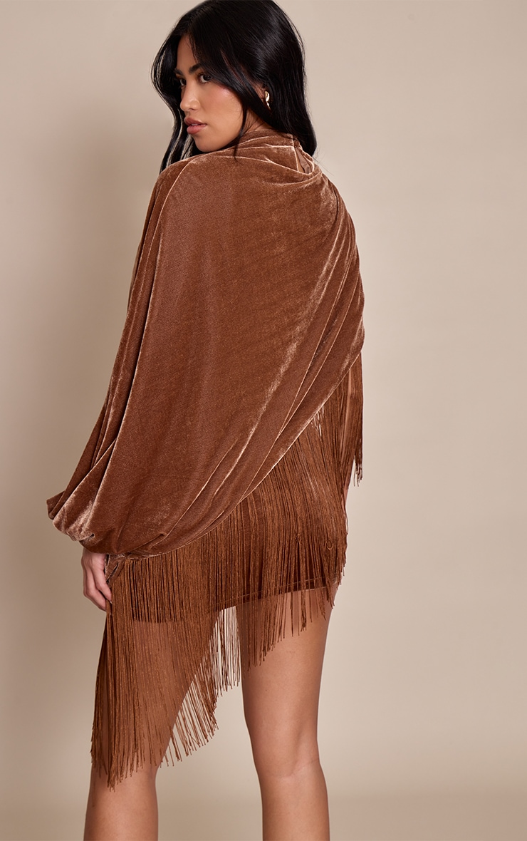Golden Brown Velvet Cape Tassel Hem Mini Dress image 2