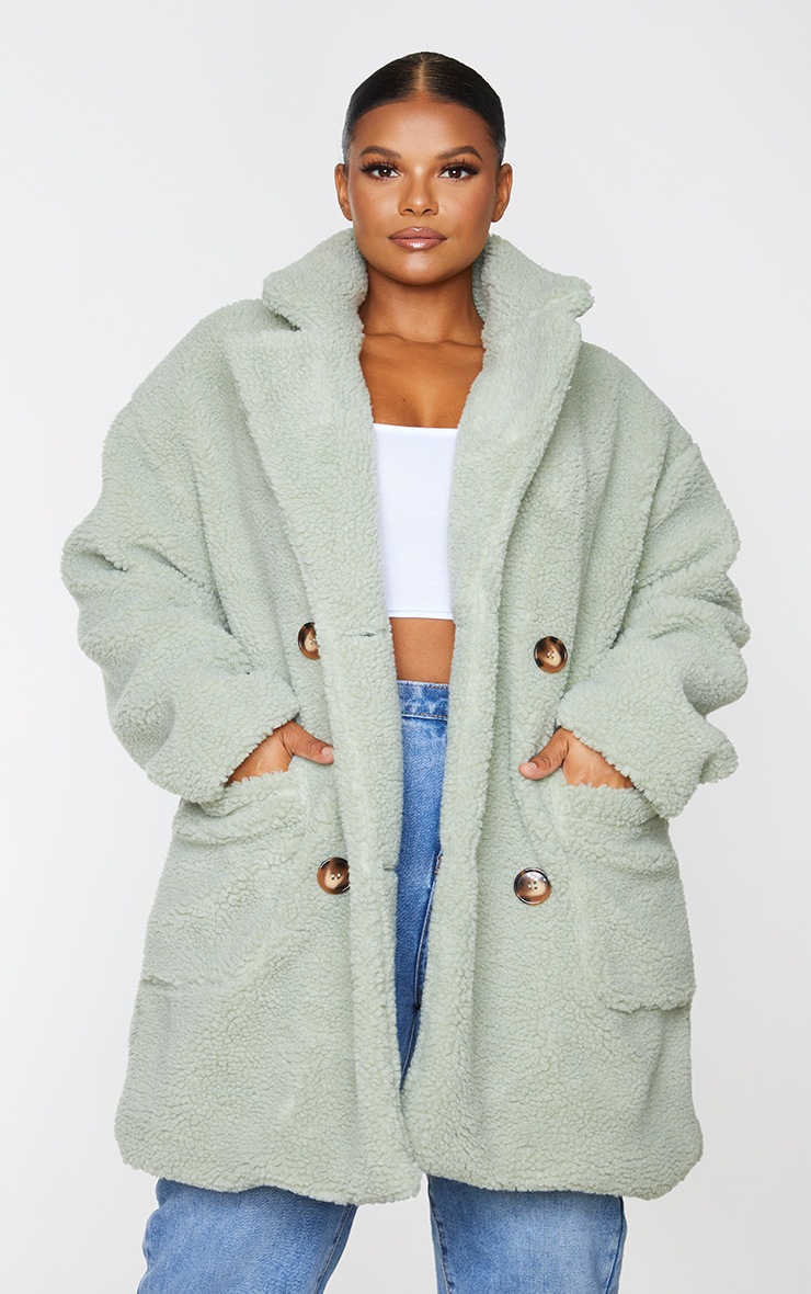 Plus Sage Green Borg Midi Coat