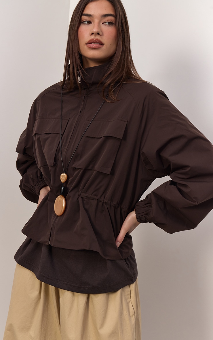 Chocolate Funnel Neck Cinched Utility Windbreaker image 2