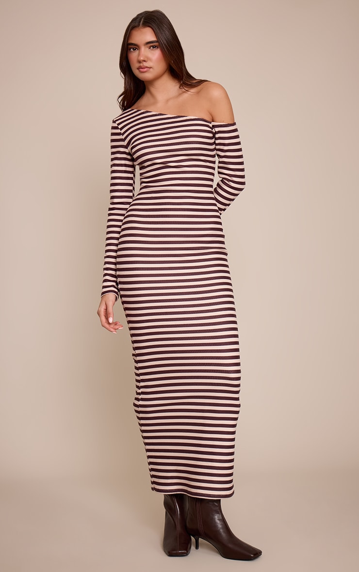 Chocolate Striped Brushed Rib Striped Asymmetric Long Sleeve Maxi Dress image 1
