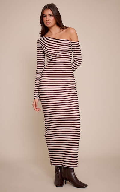 Robe longue asymétrique brossée côtelée chocolat à rayures et manches longues