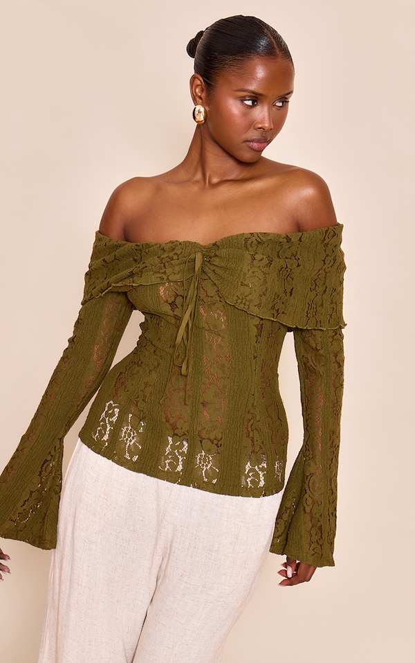 Dark Olive Fitted Lace Flared Sleeve Bardot Top