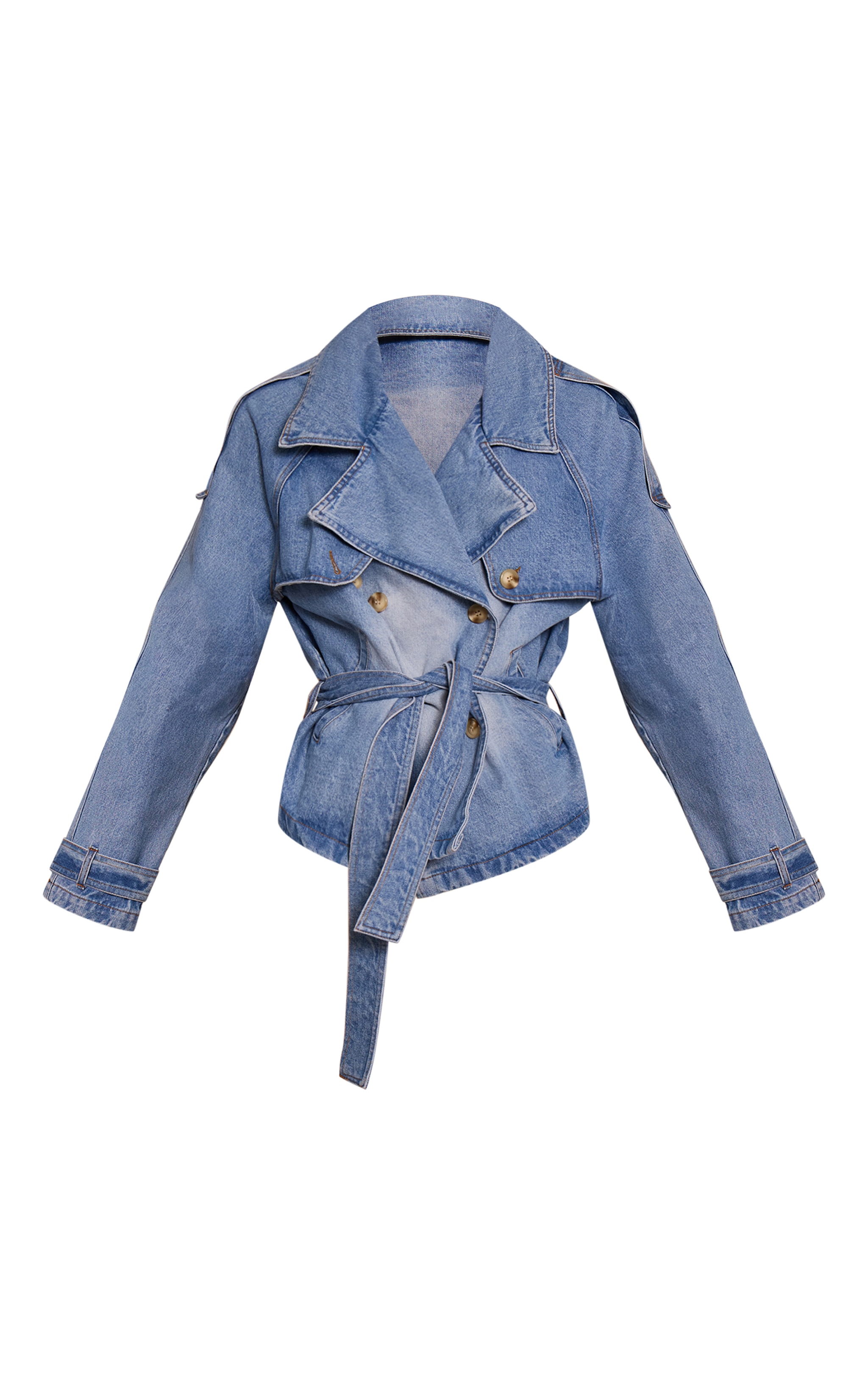 Mid Blue Wash Belted Cropped Button Detail Denim Trench image 5