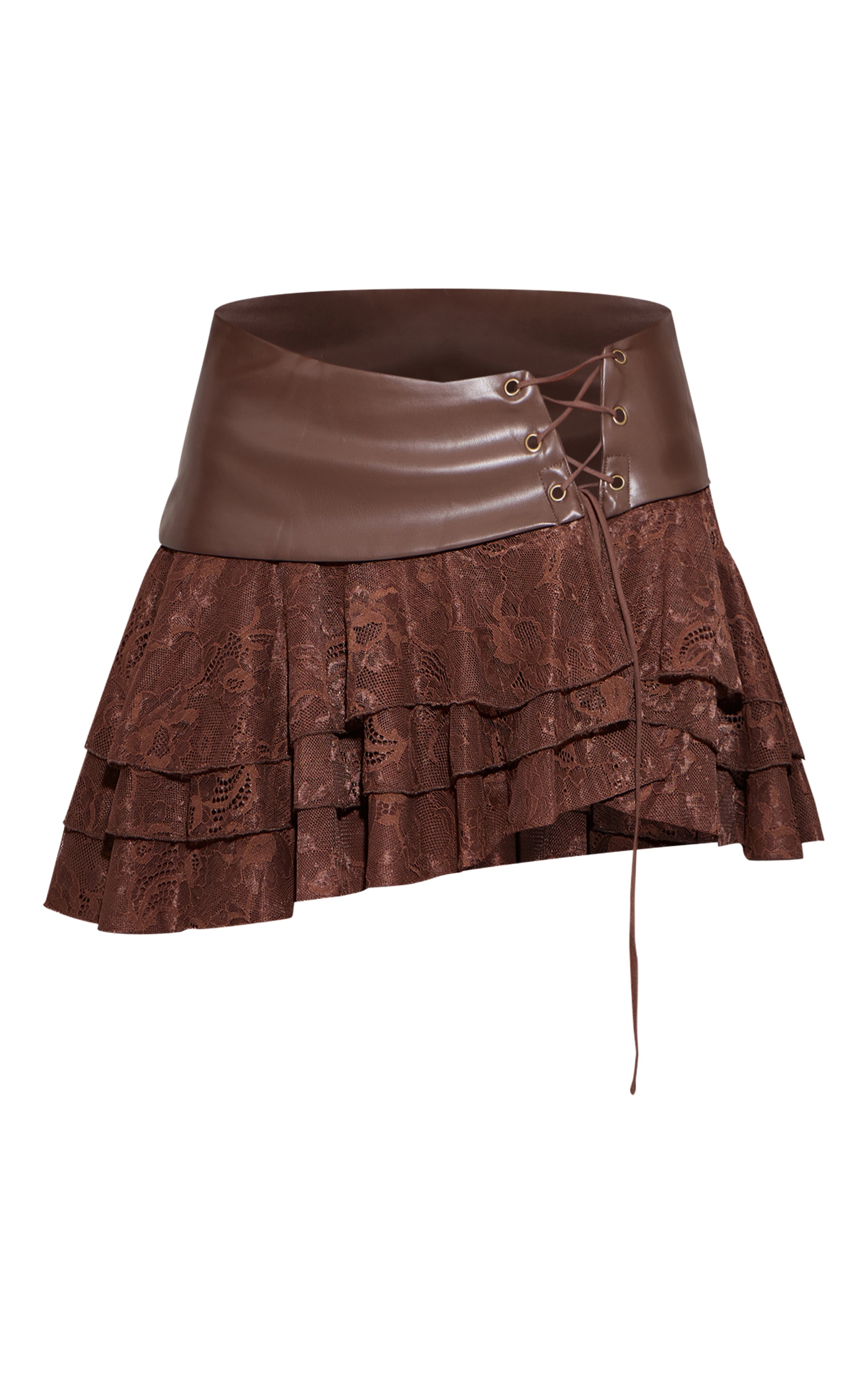 Dark Brown Faux Leather Lace Trim Mini Skirt image 6