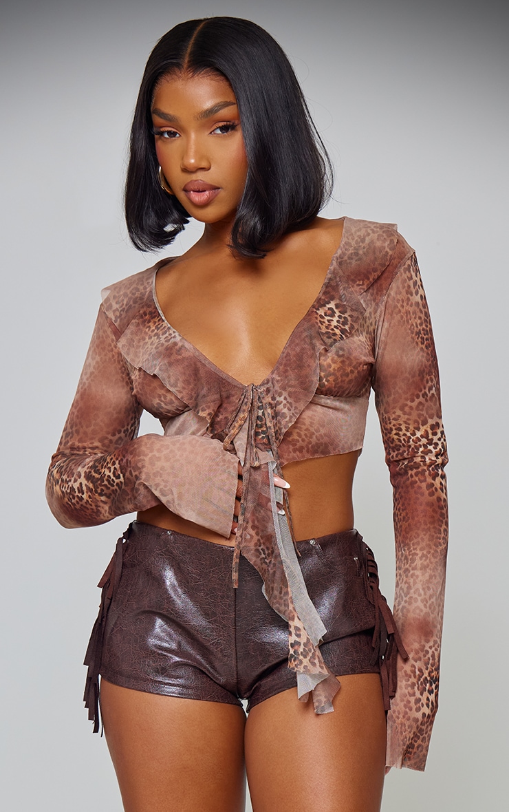 Brown Leopard Ruffle Long Sleeve Drape Crop Top | Tops