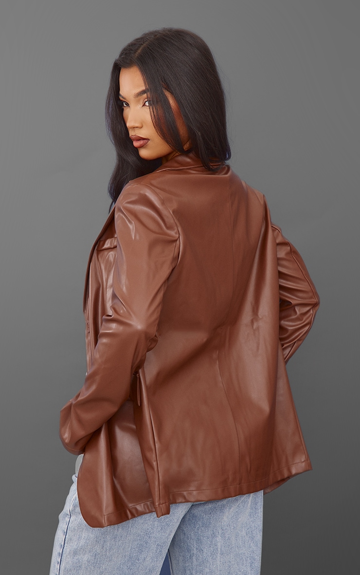 Chocolate Double Button Faux Leather Blazer image 2
