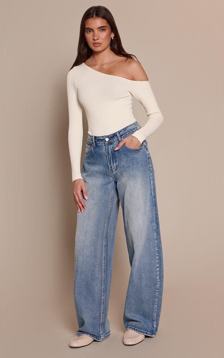 Cream Contour Rib Asymmetric Long Sleeve Bodysuit image 3