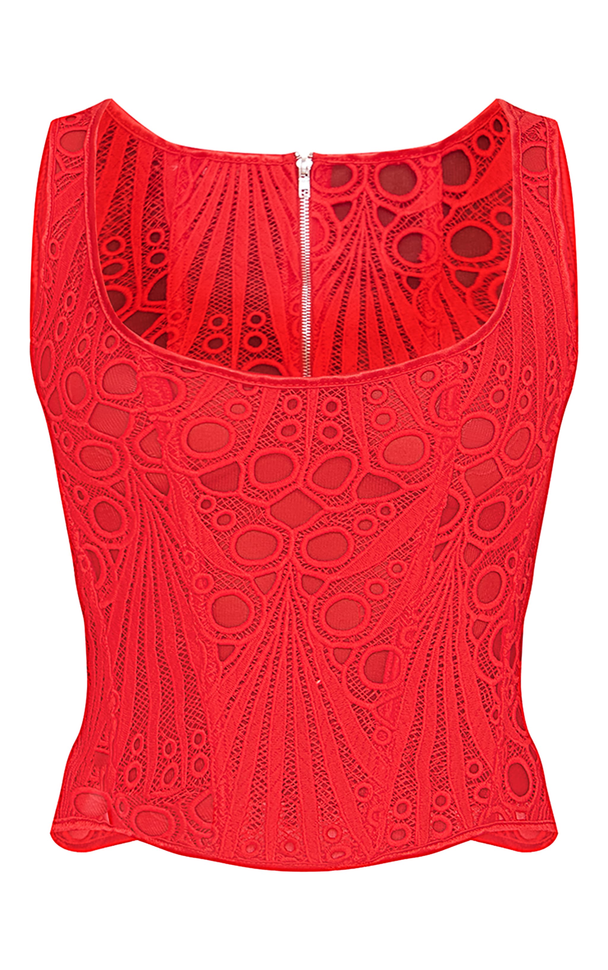 Tomato Red Textured Sheer Floral Square Neck Corset image 5