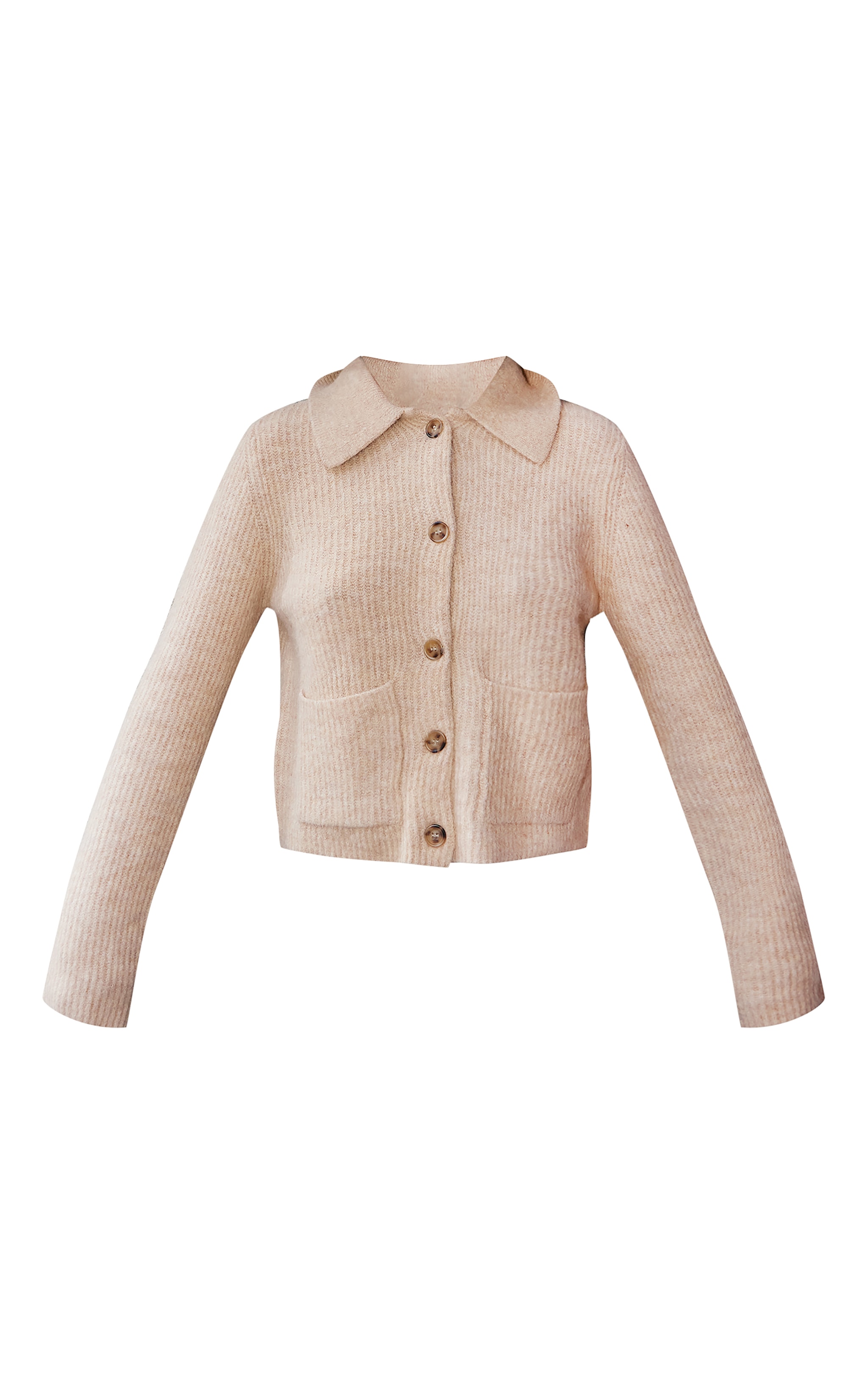 Beige Soft Textured Knit Button Up Collar Detail Cardigan image 5