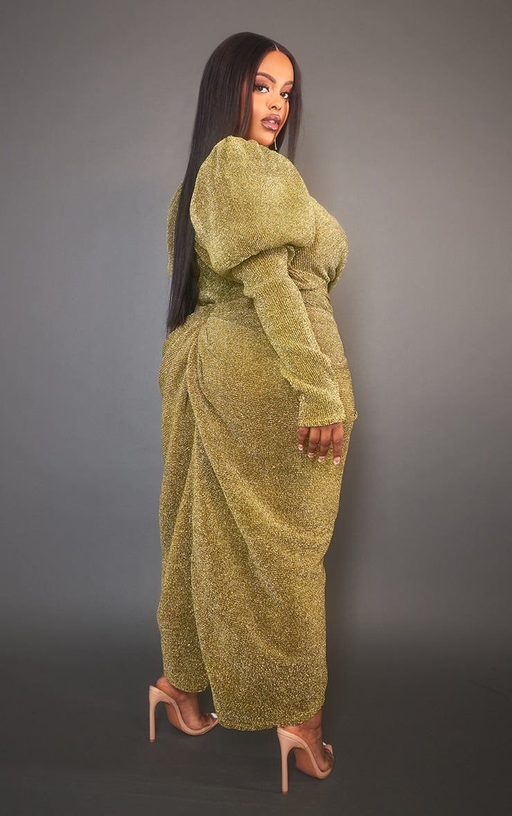 Plus Gold Glitter Plisse Puff Sleeve V Bar Draped Midi Dress image 2