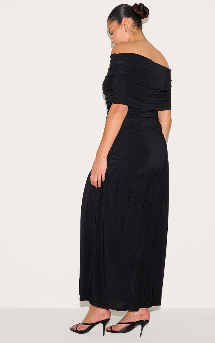Plus Black Double Layer Slinky Bardot One Shoulder Ruched Maxi Dress image 2