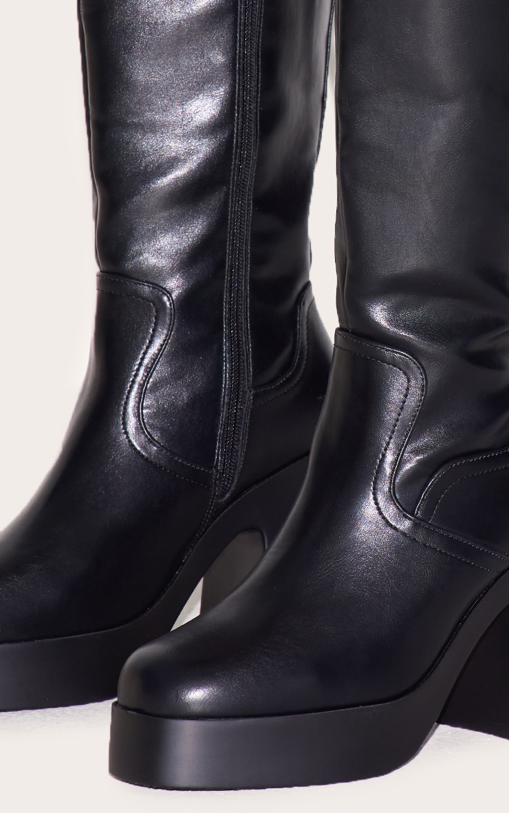 Bottes hautes pointure large pointues en PU noir à talon carré et plateforme fine image 4