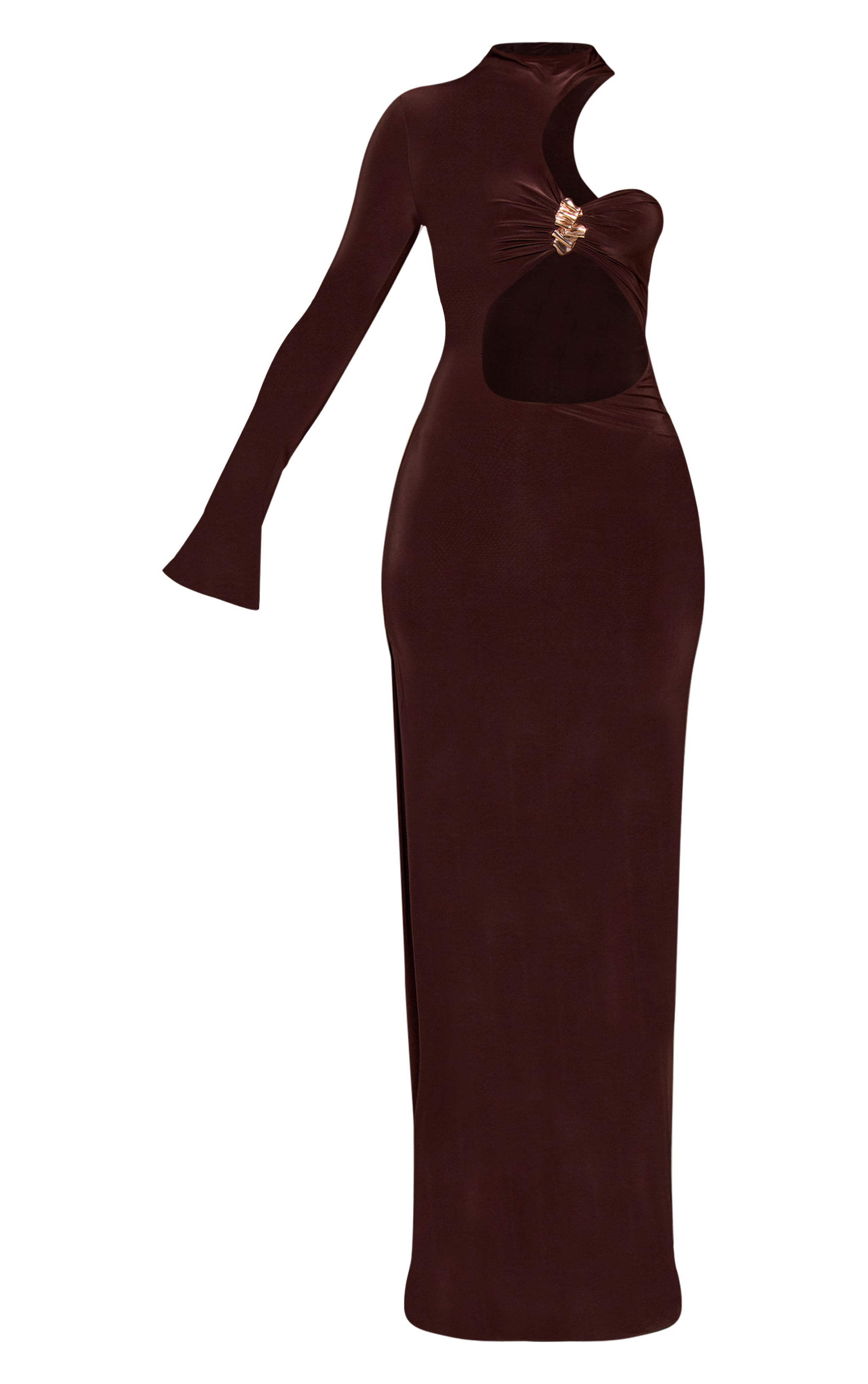 Petite Chocolate Cut Out Trim Detail Long Sleeve Slinky Maxi Dress image 5
