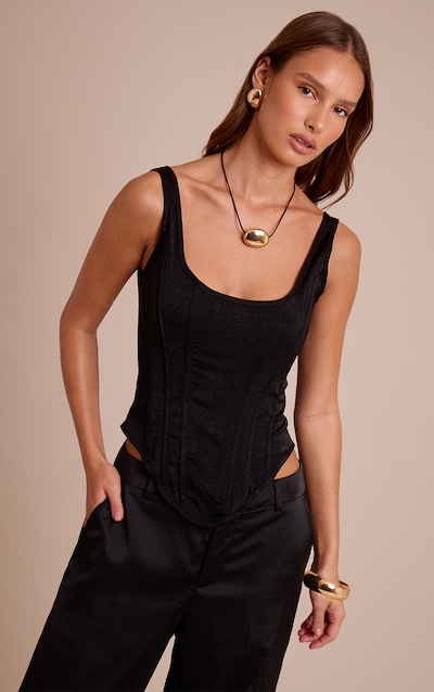Black Textured Boned Dip Hem Longline Corset